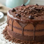 Triple Chocolate Cake with rich ganache and creamy frosting.