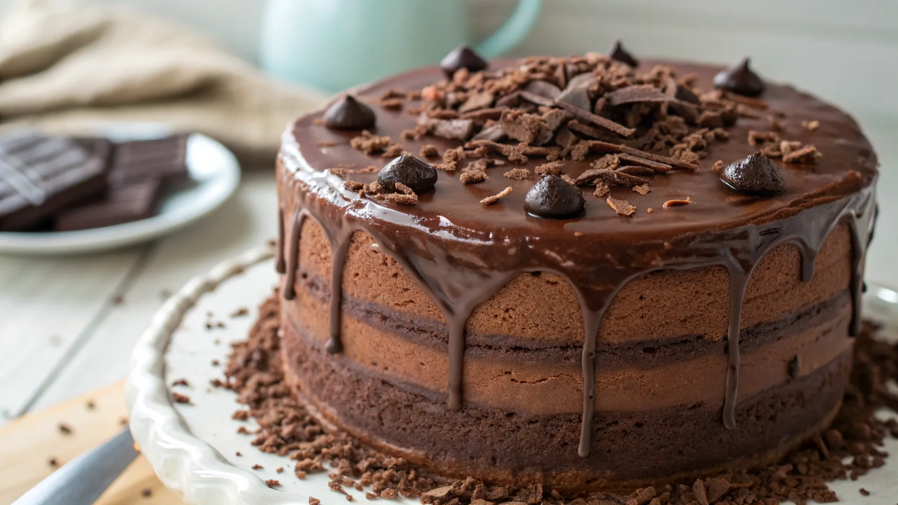 Triple Chocolate Cake with rich ganache and creamy frosting.