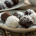 Homemade dark chocolate coconut truffles rolled in coconut flakes