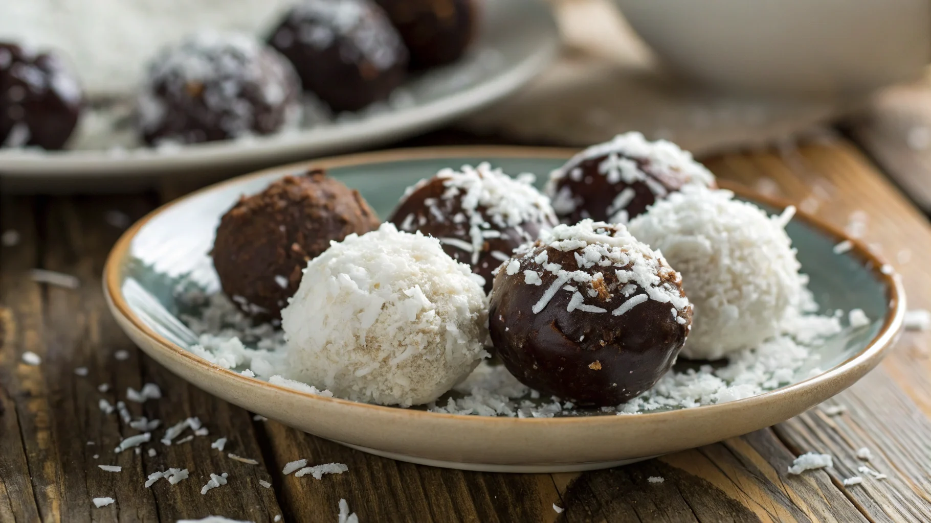 Homemade dark chocolate coconut truffles rolled in coconut flakes