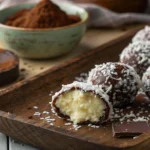 Dark chocolate coconut truffles coated in shredded coconut