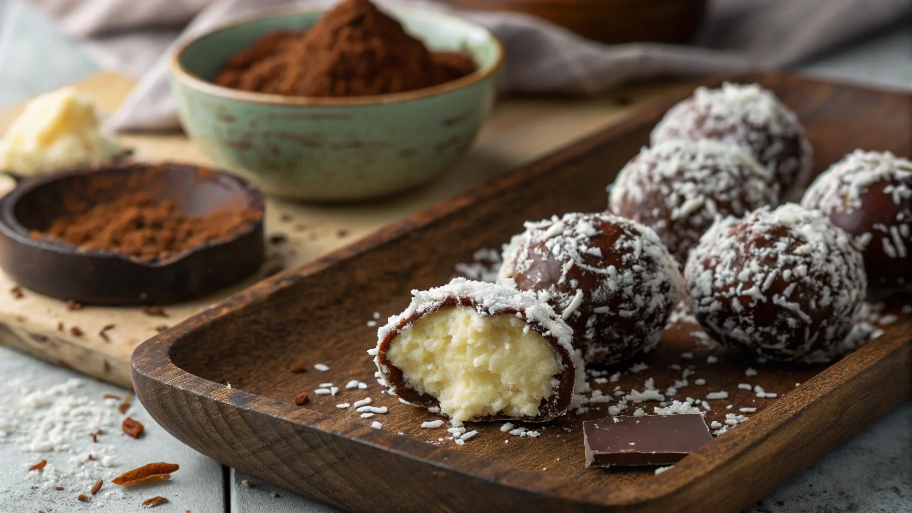 Dark chocolate coconut truffles coated in shredded coconut