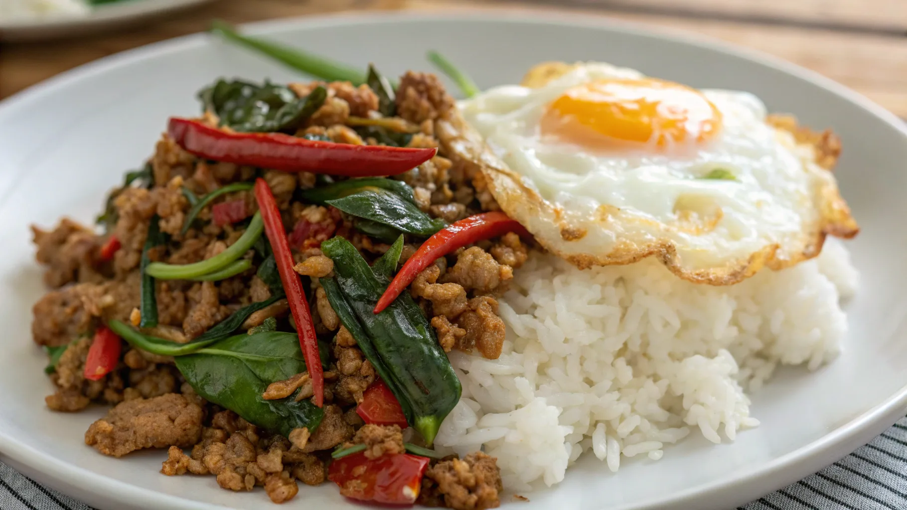 Traditional Thai Pad Krapow with rice and fried egg.