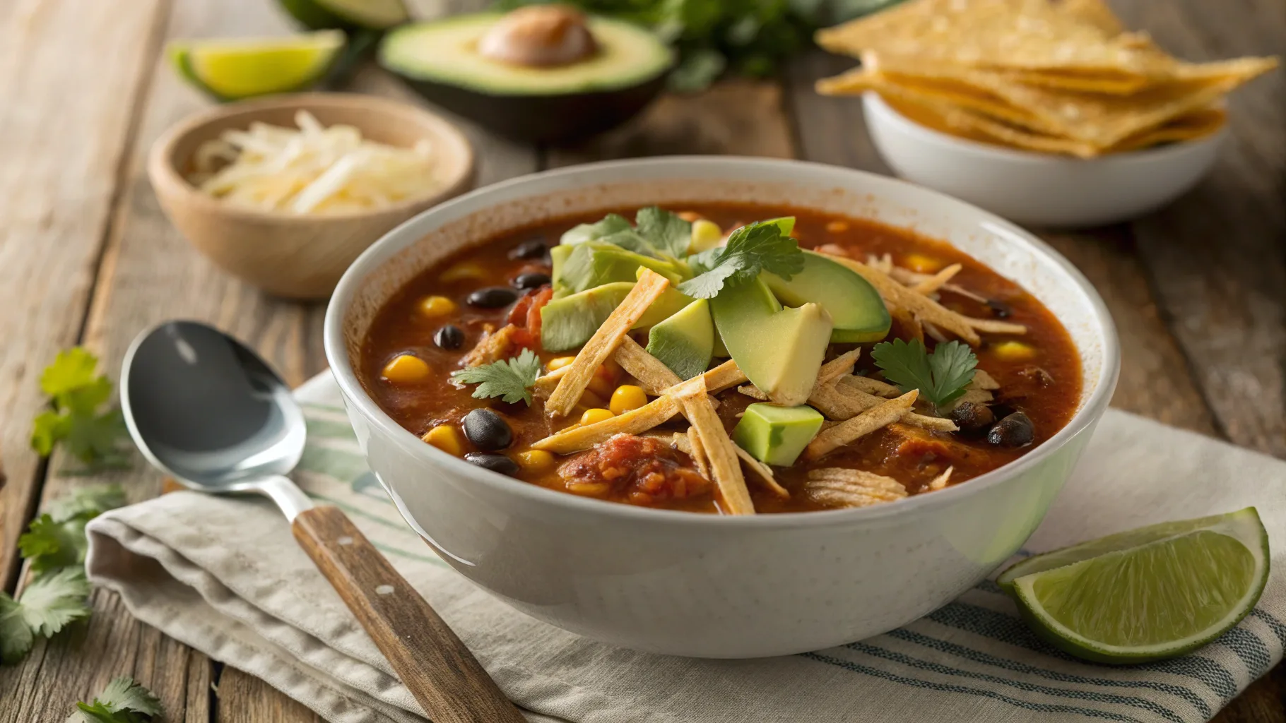 Spark Recipes Chicken Taco Soup with fresh toppings