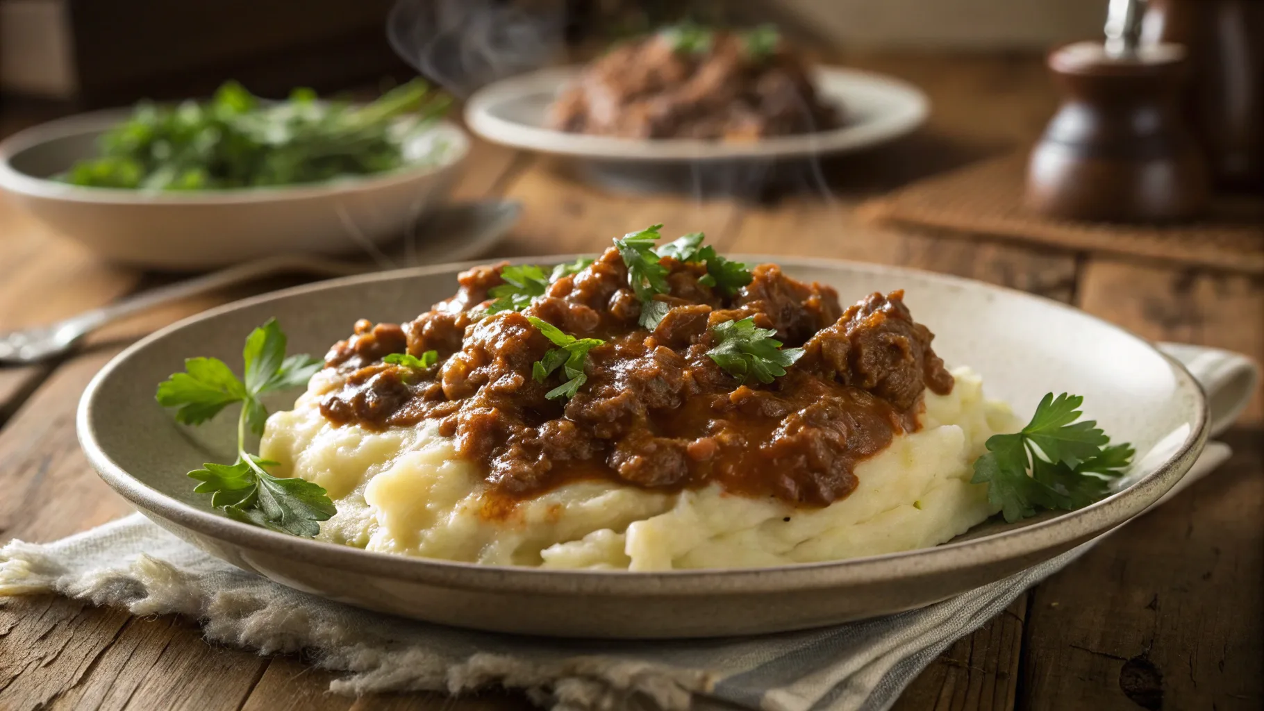 Ground beef and gravy over mashed potatoes – classic comfort food