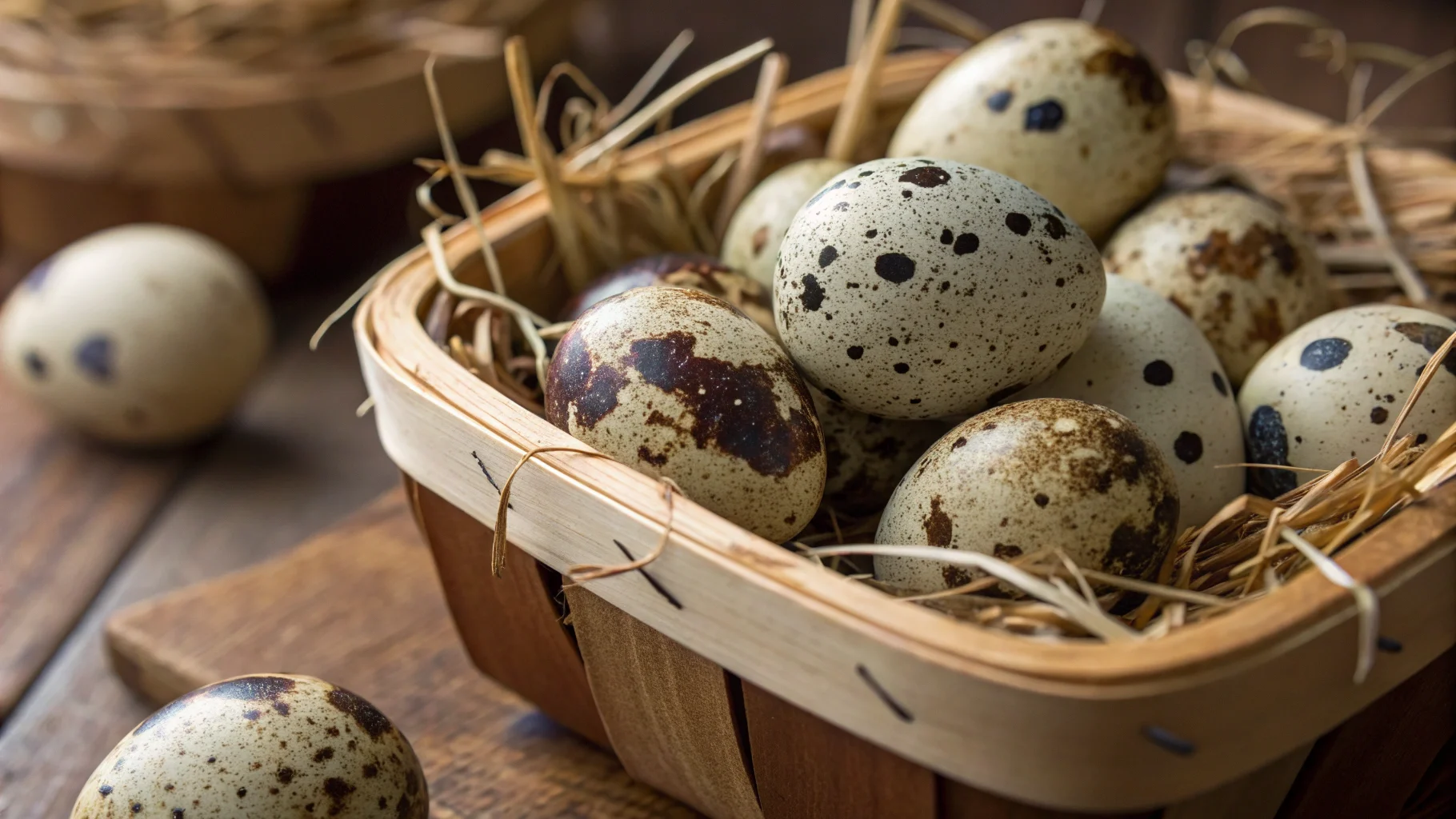 Fresh quail eggs in a rustic wooden basket – quail eggs health benefits