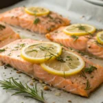 Baked Pink Salmon with Lemon and Herbs 3 Baked Pink Salmon with Lemon and Herbs served fresh on parchment