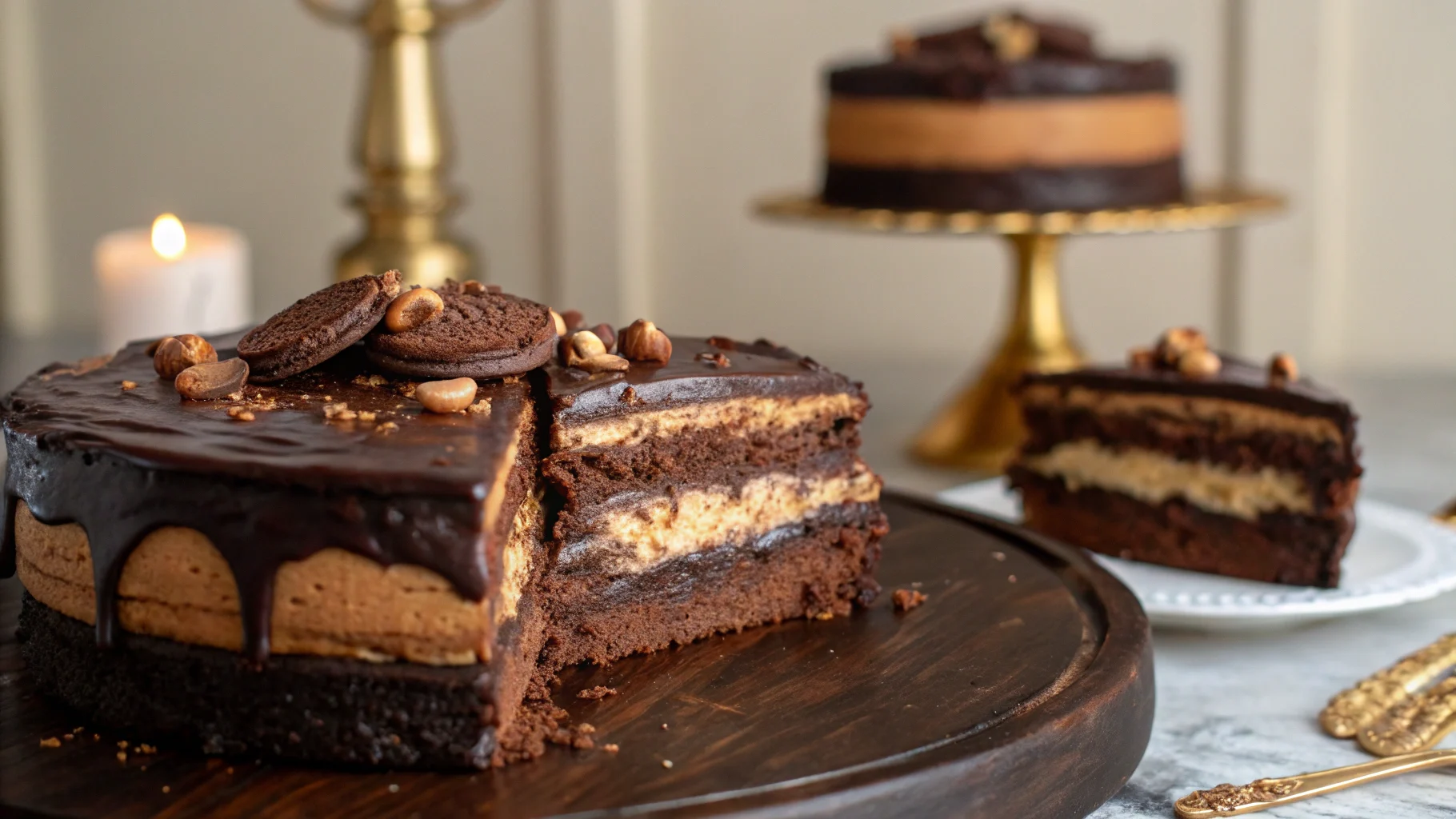 Chocolate praline crunch cake with gooey praline topping