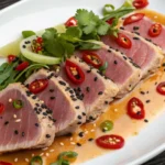 seared tuna tataki salad close-up with fresh greens and ponzu