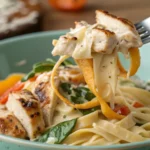 Jerk Chicken Pasta Alfredo 3 jerk chicken pasta alfredo on white plate