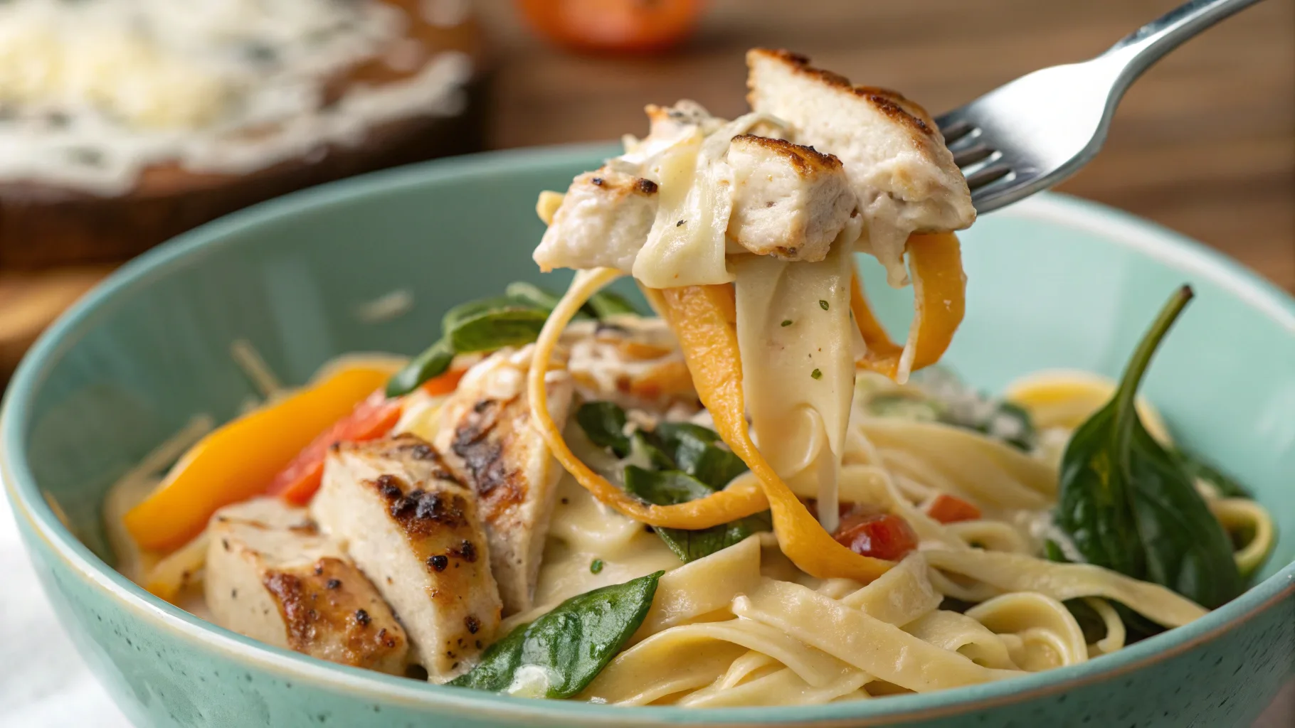 jerk chicken pasta alfredo on white plate