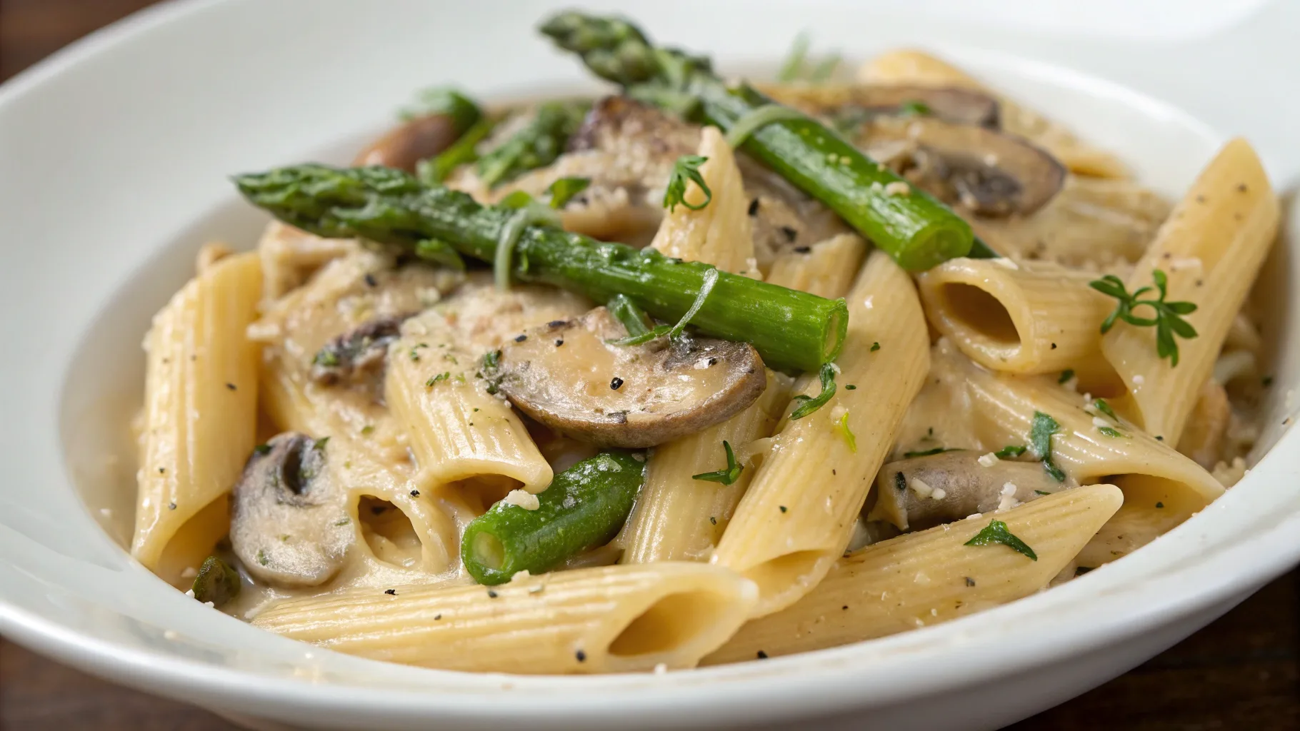 creamy mushroom and asparagus chicken penne served in a bowl
