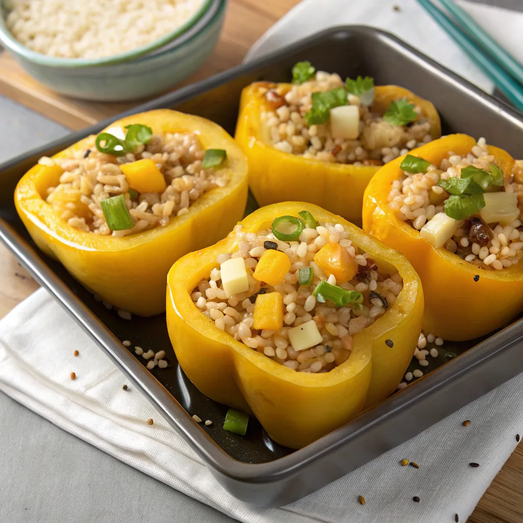 Teriyaki stuffed peppers glazed with sauce and garnished