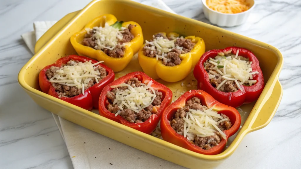 The Best Recipe for Stuffed Green Peppers with Hamburger and Rice – A Hearty Family Favorite 6 Preparing stuffed pepper filling with hamburger, rice, and sauce